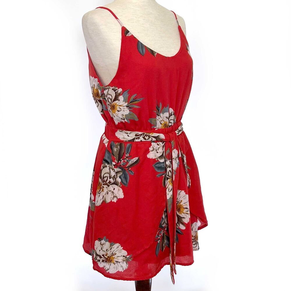 Promesa Red Floral Mini Dress, Spaghetti Straps - Picture 2 of 7